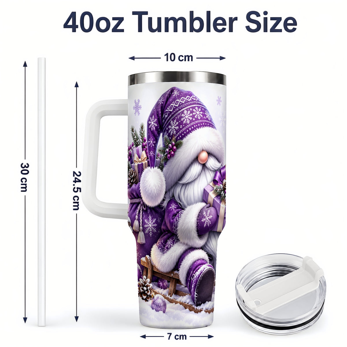 #pl[40oz|White] Purple Christmas Gnome 40oz Tumbler with Winter Artwork