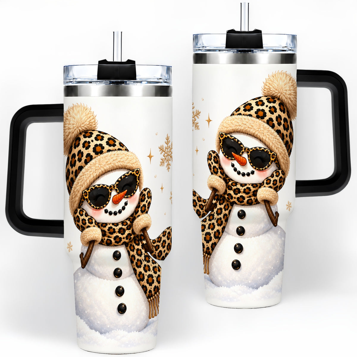 #pl[40oz|Black] Leopard Snowman Winter 40oz Tumbler with Animal Print Artwork