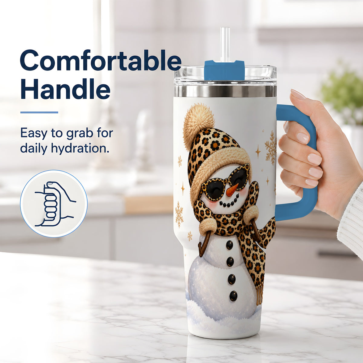 #pl[40oz|Blue] Leopard Snowman Winter 40oz Tumbler with Animal Print Artwork