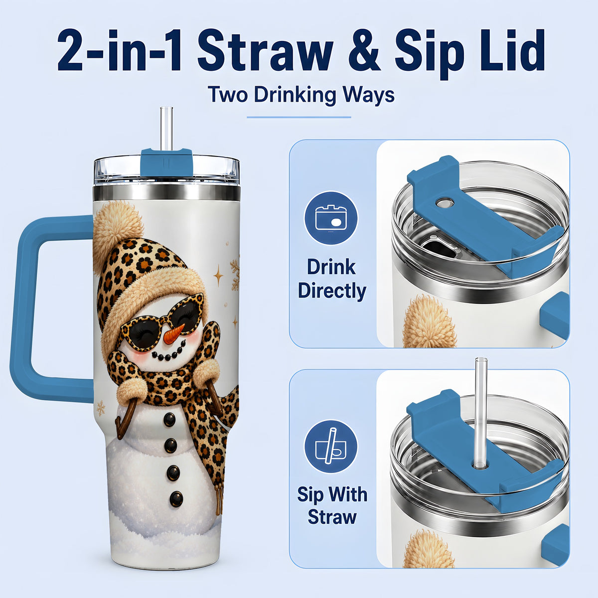 #pl[40oz|Blue] Leopard Snowman Winter 40oz Tumbler with Animal Print Artwork