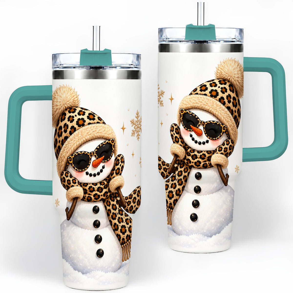 #pl[40oz|Green] Leopard Snowman Winter 40oz Tumbler with Animal Print Artwork