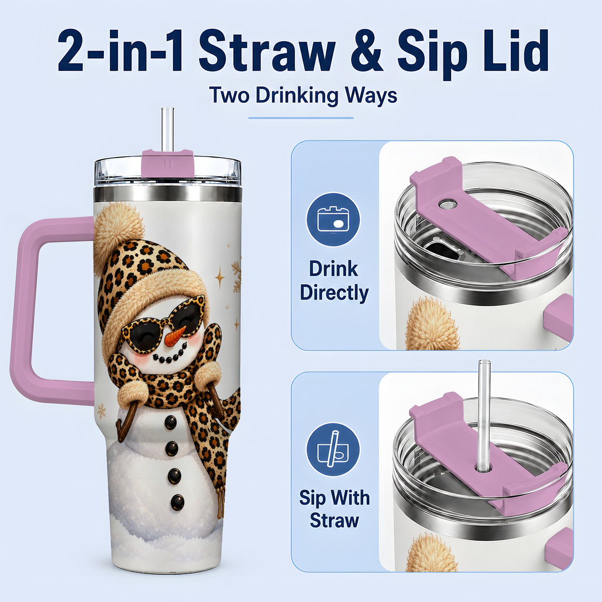 #pl[40oz|Pink] Leopard Snowman Winter 40oz Tumbler with Animal Print Artwork