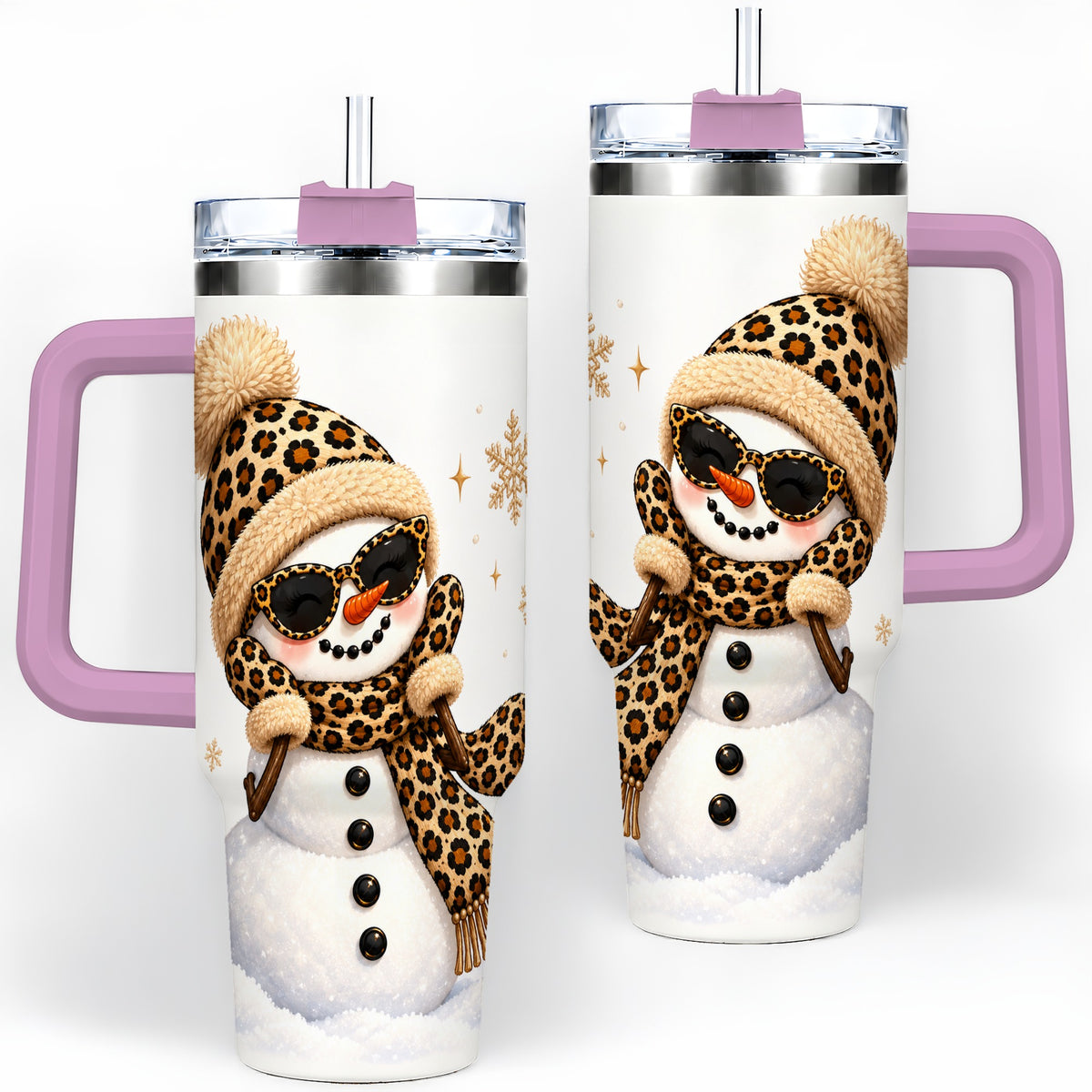 #pl[40oz|Pink] Leopard Snowman Winter 40oz Tumbler with Animal Print Artwork