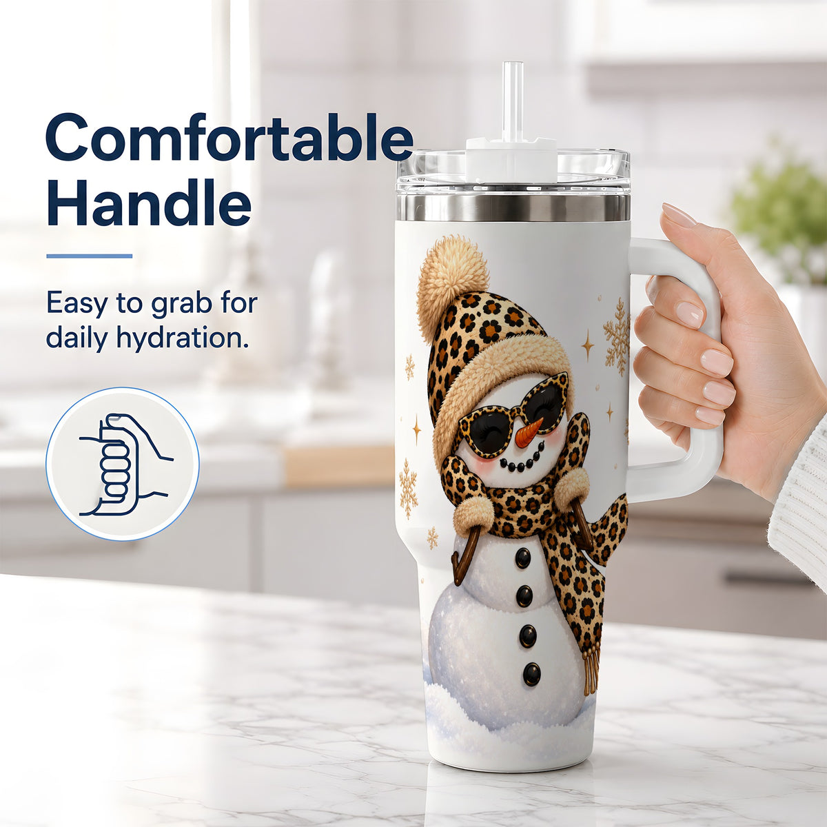 #pl[40oz|White] Leopard Snowman Winter 40oz Tumbler with Animal Print Artwork