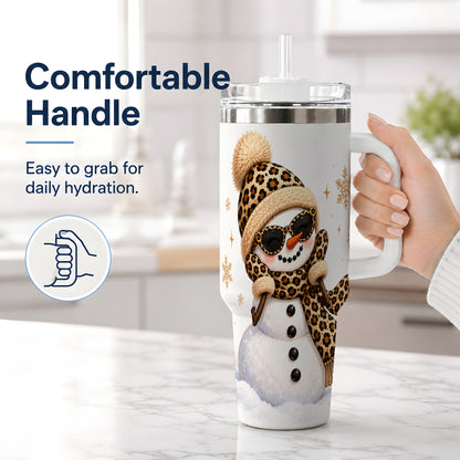 #pl[40oz|White] Leopard Snowman Winter 40oz Tumbler with Animal Print Artwork