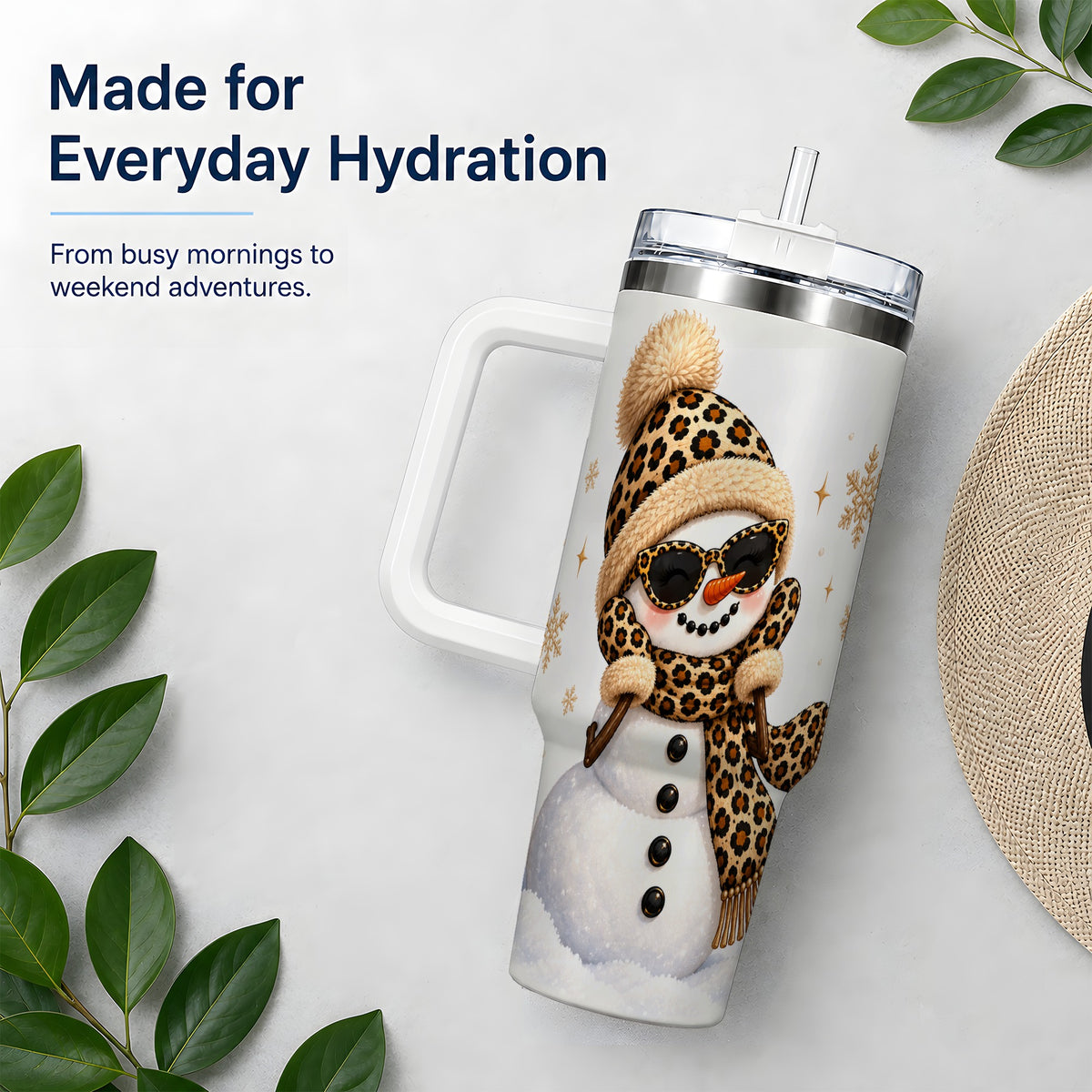 Leopard Snowman Winter 40oz Tumbler with Animal Print Artwork