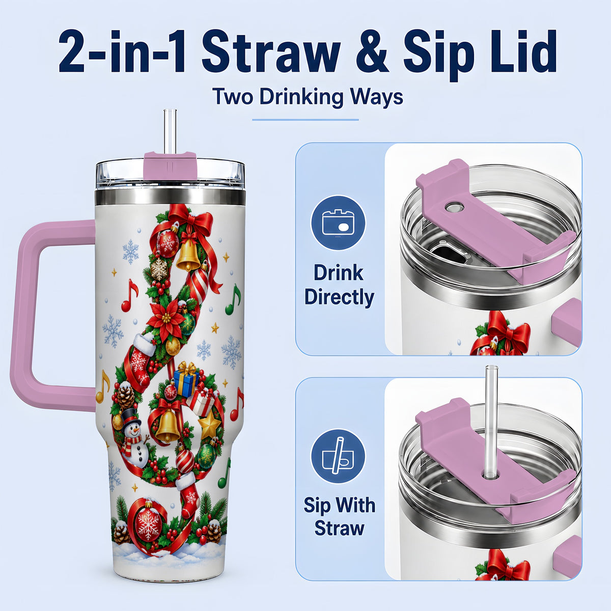 #pl[40oz|Pink] Christmas Music Treble Clef 40oz Tumbler for Music Lovers