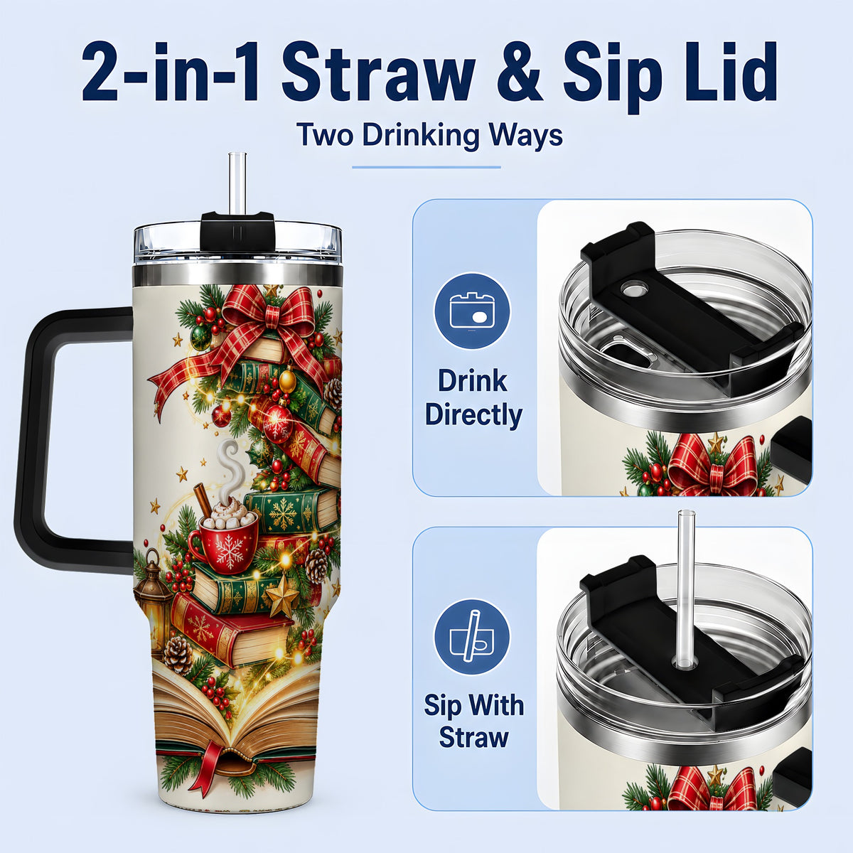 #pl[40oz|Black] Christmas Book Lover 40oz Tumbler, Cozy Holiday Reading Drinkware