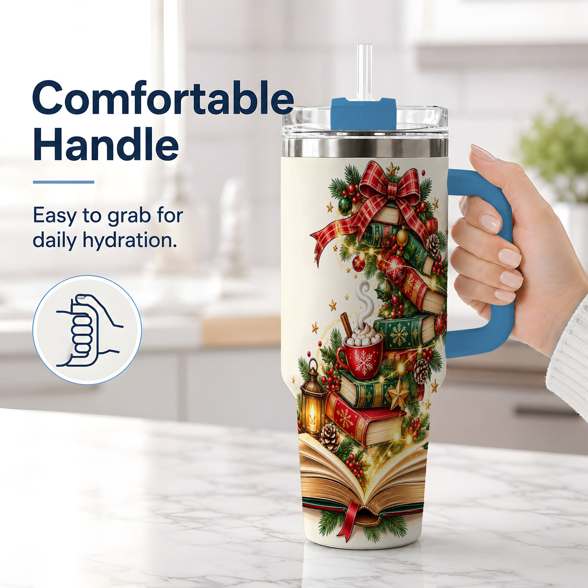 #pl[40oz|Blue] Christmas Book Lover 40oz Tumbler, Cozy Holiday Reading Drinkware