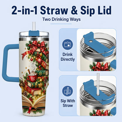 #pl[40oz|Blue] Christmas Book Lover 40oz Tumbler, Cozy Holiday Reading Drinkware