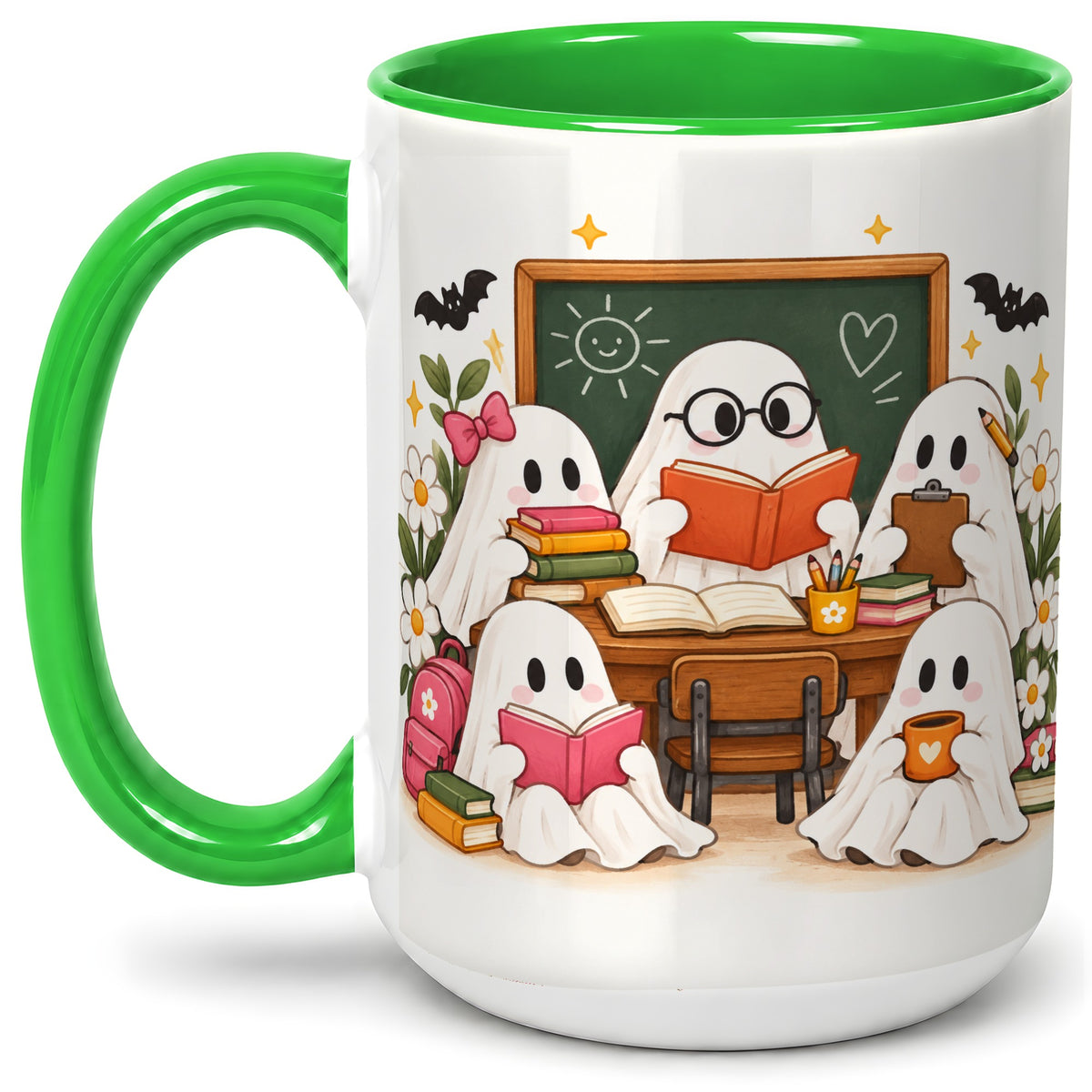 #pl[15oz|Green] Halloween Teacher Ghosts Ceramic Mug for Teachers
