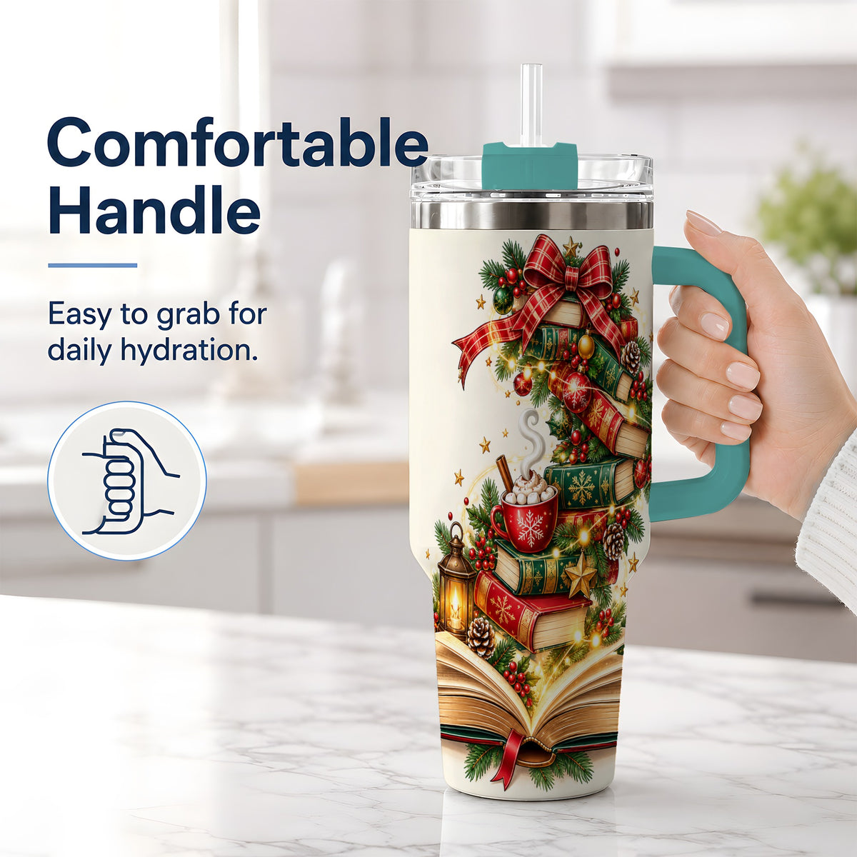 #pl[40oz|Green] Christmas Book Lover 40oz Tumbler, Cozy Holiday Reading Drinkware