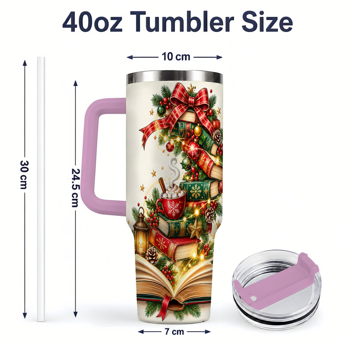 #pl[40oz|Pink] Christmas Book Lover 40oz Tumbler, Cozy Holiday Reading Drinkware
