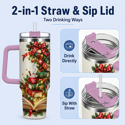 #pl[40oz|Pink] Christmas Book Lover 40oz Tumbler, Cozy Holiday Reading Drinkware