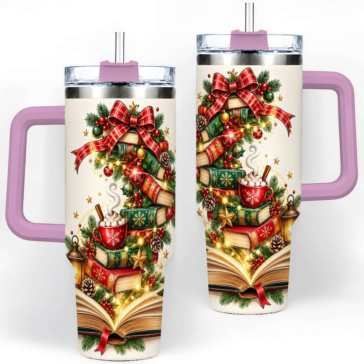 #pl[40oz|Pink] Christmas Book Lover 40oz Tumbler, Cozy Holiday Reading Drinkware