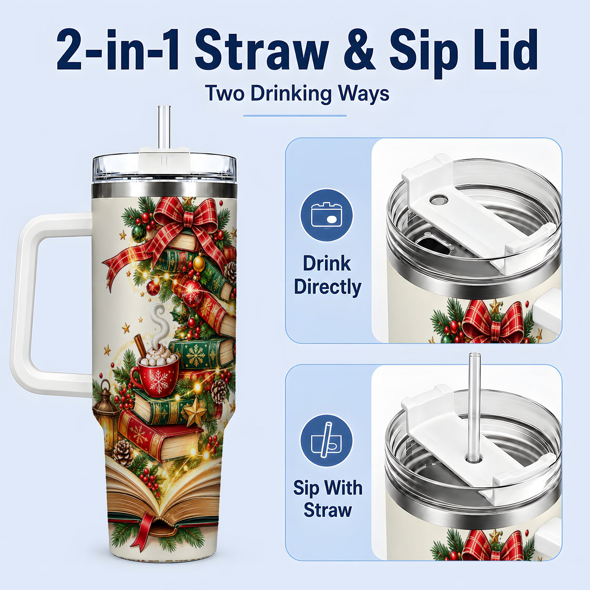 #pl[40oz|White] Christmas Book Lover 40oz Tumbler, Cozy Holiday Reading Drinkware