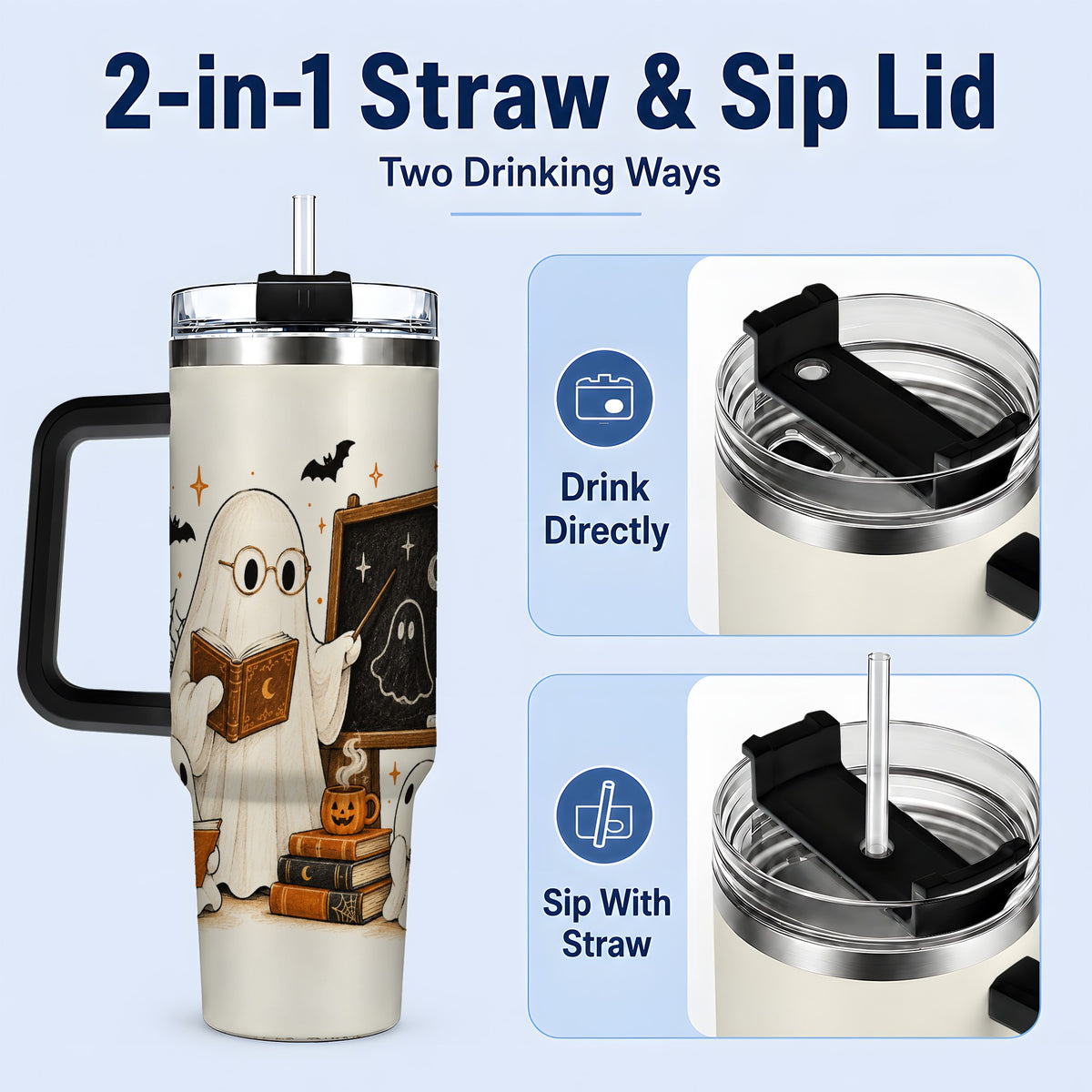 #pl[40oz|Black] Halloween Teacher Ghost 40oz Tumbler, Spooky Classroom Art Drinkware