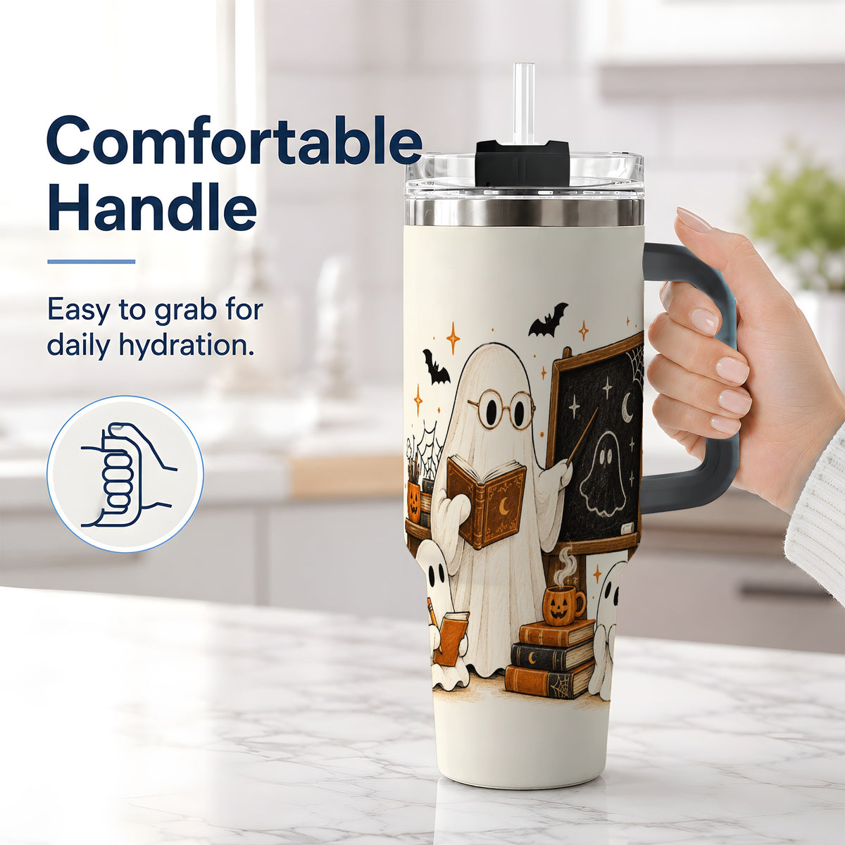 #pl[40oz|Black] Halloween Teacher Ghost 40oz Tumbler, Spooky Classroom Art Drinkware