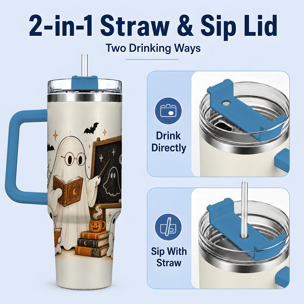 #pl[40oz|Blue] Halloween Teacher Ghost 40oz Tumbler, Spooky Classroom Art Drinkware