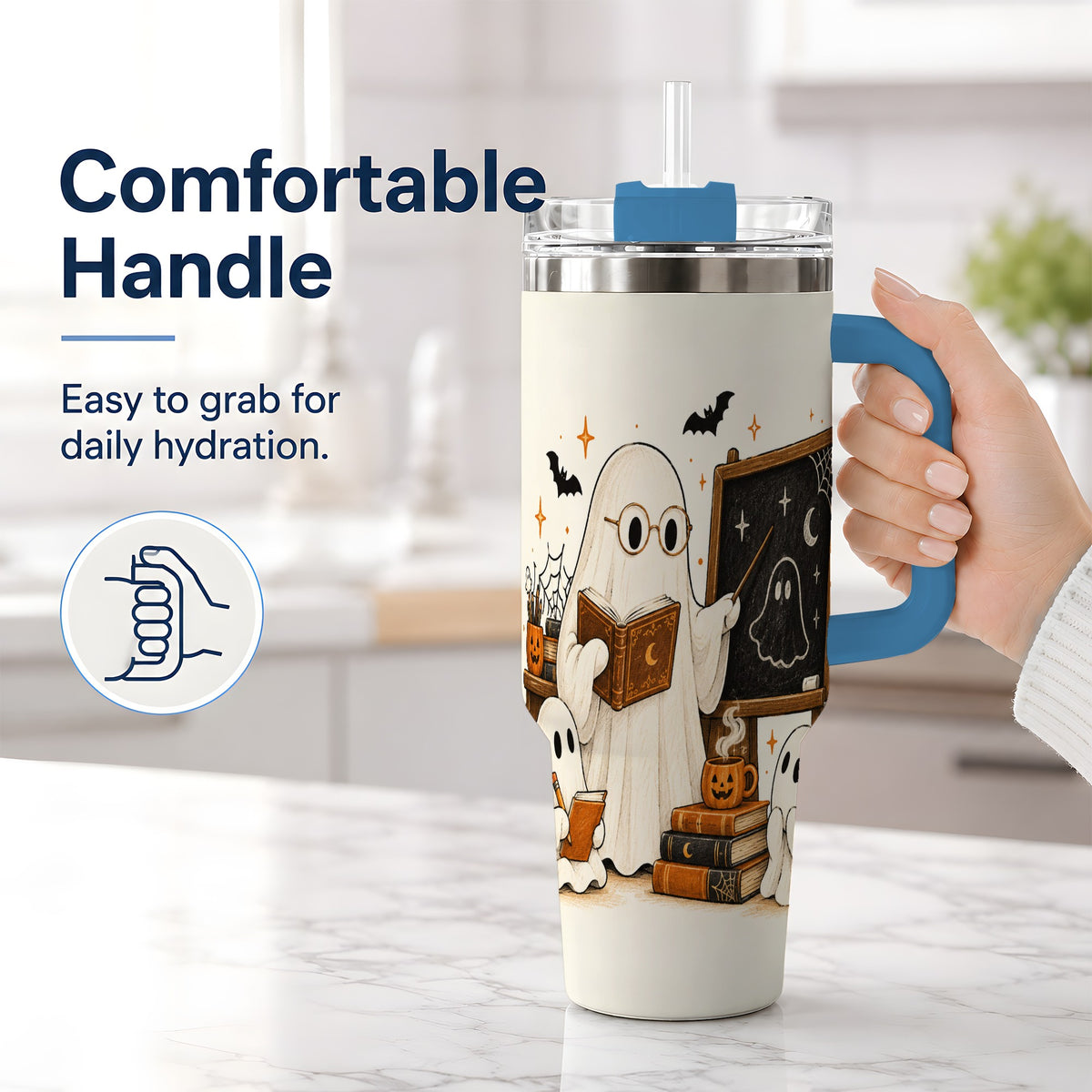 #pl[40oz|Blue] Halloween Teacher Ghost 40oz Tumbler, Spooky Classroom Art Drinkware