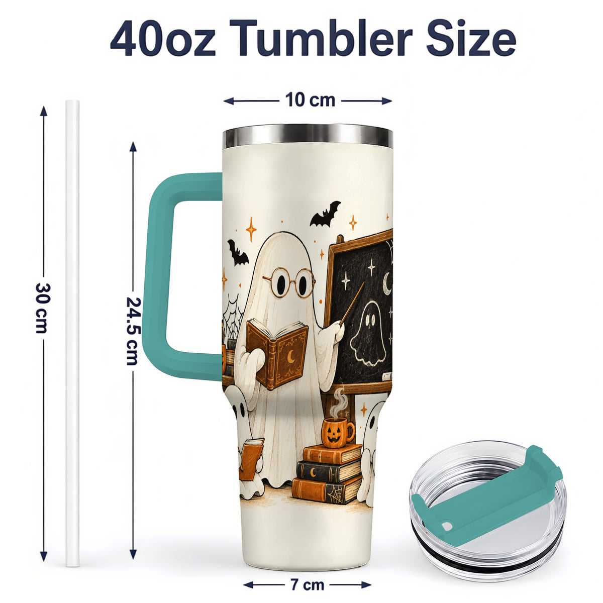 #pl[40oz|Green] Halloween Teacher Ghost 40oz Tumbler, Spooky Classroom Art Drinkware
