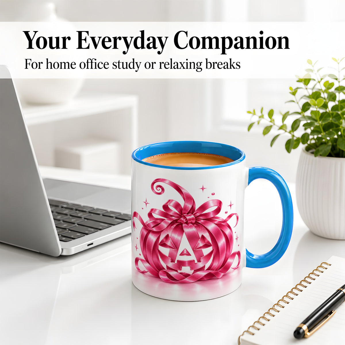#pl[11oz|Blue] Pink Bow Halloween Pumpkin Ceramic Mug for Halloween Fans