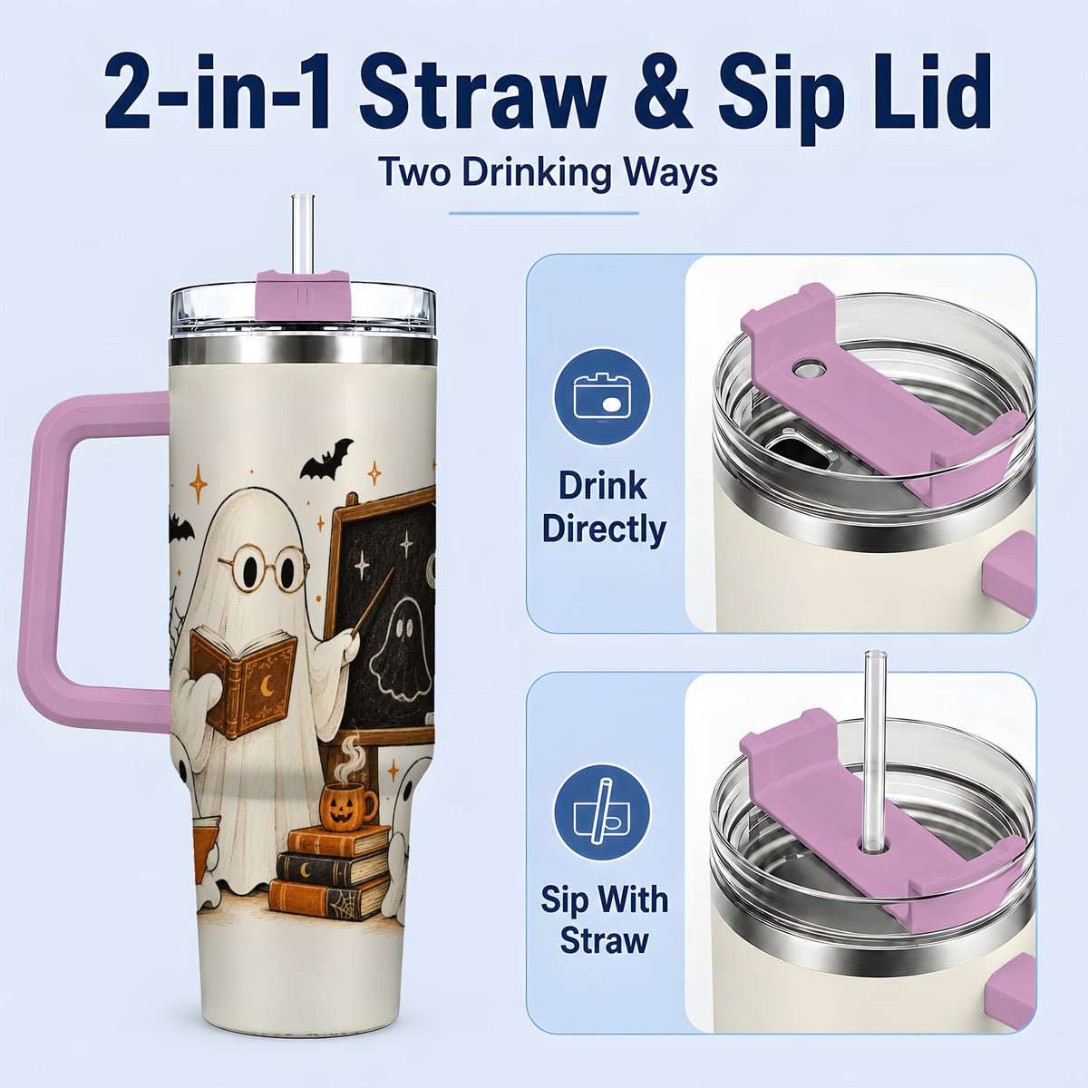 #pl[40oz|Pink] Halloween Teacher Ghost 40oz Tumbler, Spooky Classroom Art Drinkware