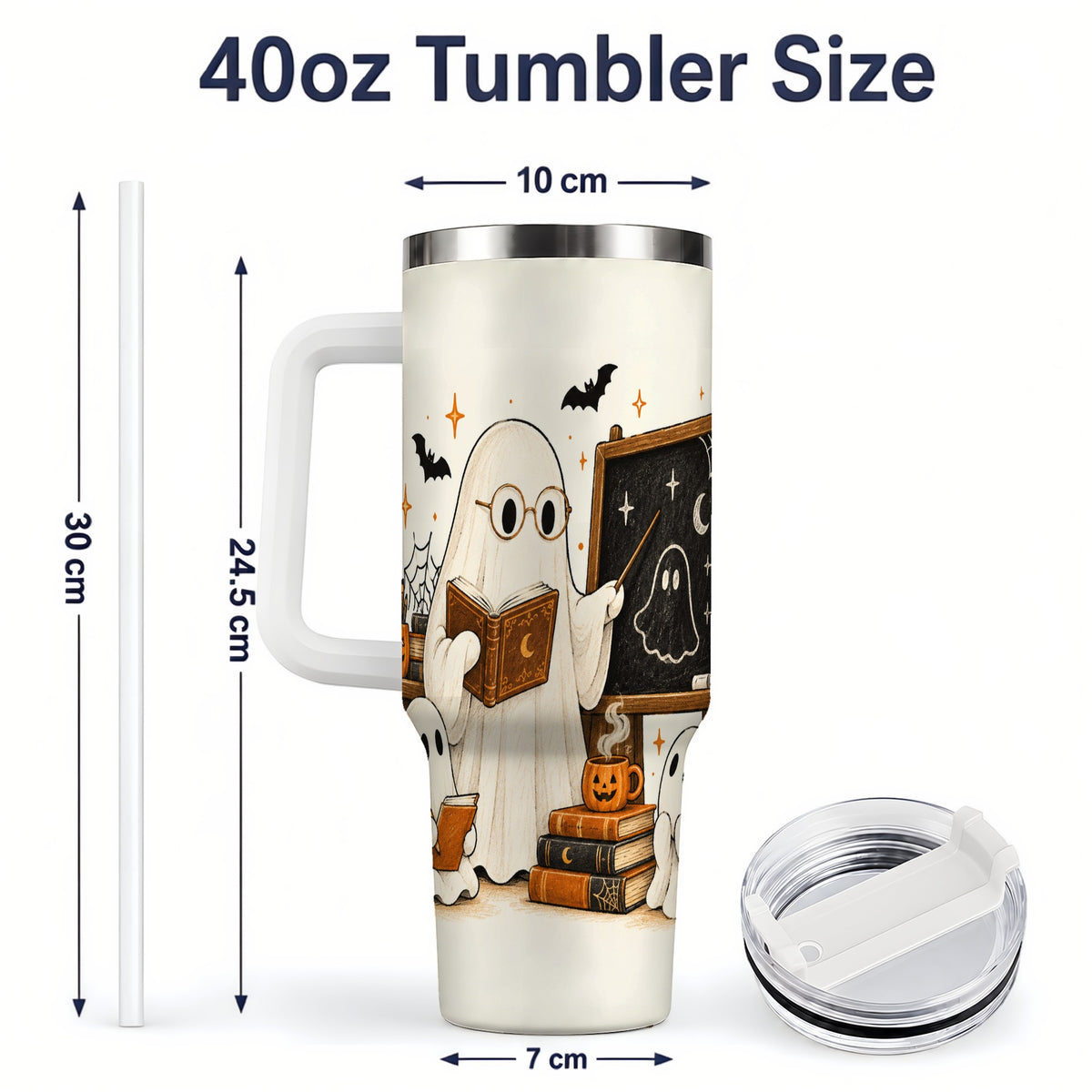 #pl[40oz|White] Halloween Teacher Ghost 40oz Tumbler, Spooky Classroom Art Drinkware