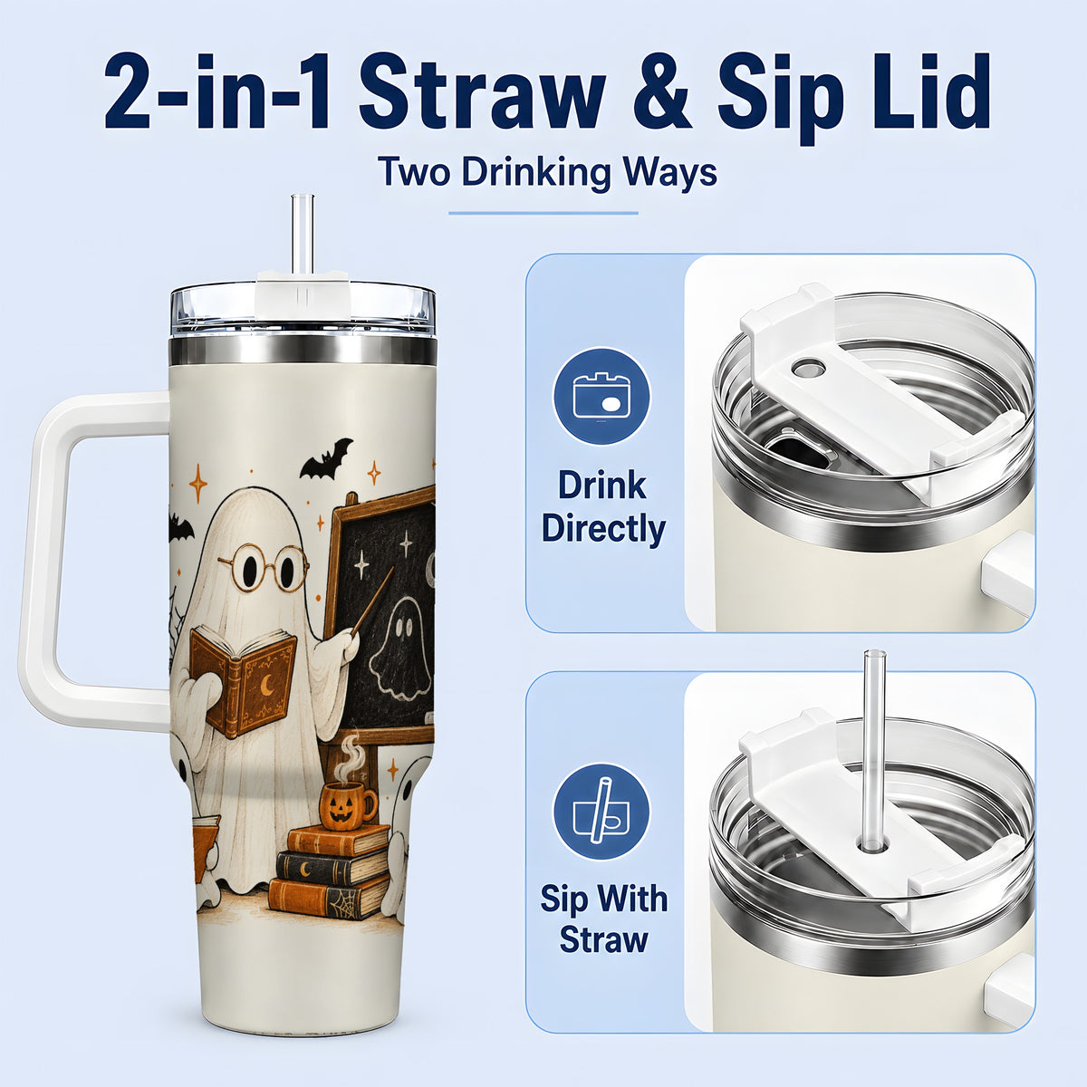 #pl[40oz|White] Halloween Teacher Ghost 40oz Tumbler, Spooky Classroom Art Drinkware