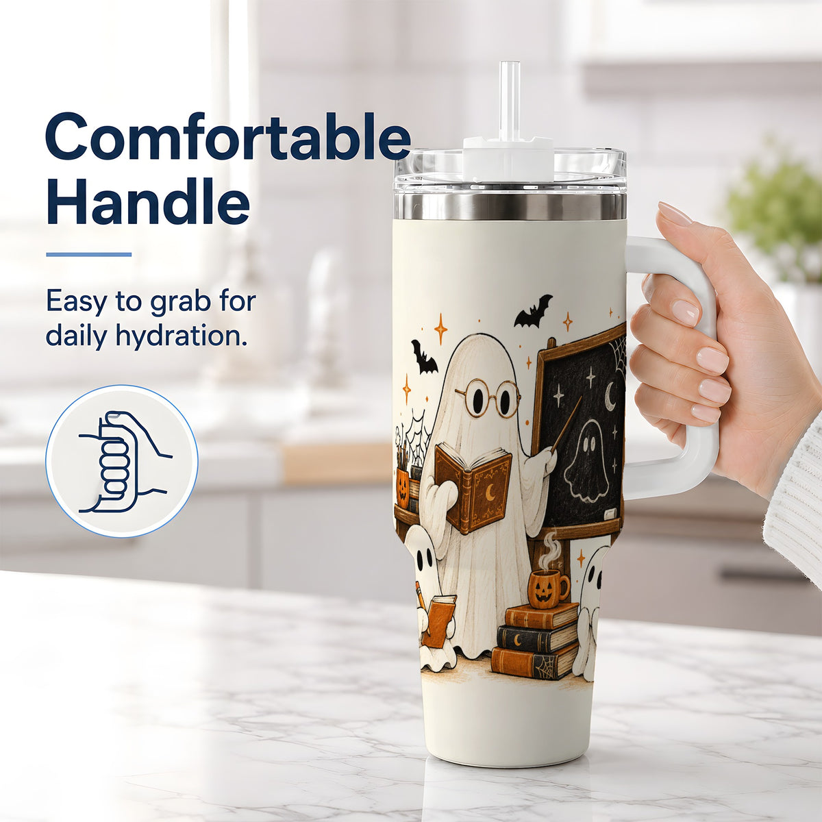 #pl[40oz|White] Halloween Teacher Ghost 40oz Tumbler, Spooky Classroom Art Drinkware