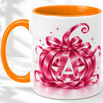 #pl[11oz|Orange] Pink Bow Halloween Pumpkin Ceramic Mug for Halloween Fans