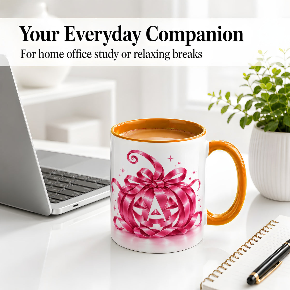 #pl[11oz|Orange] Pink Bow Halloween Pumpkin Ceramic Mug for Halloween Fans