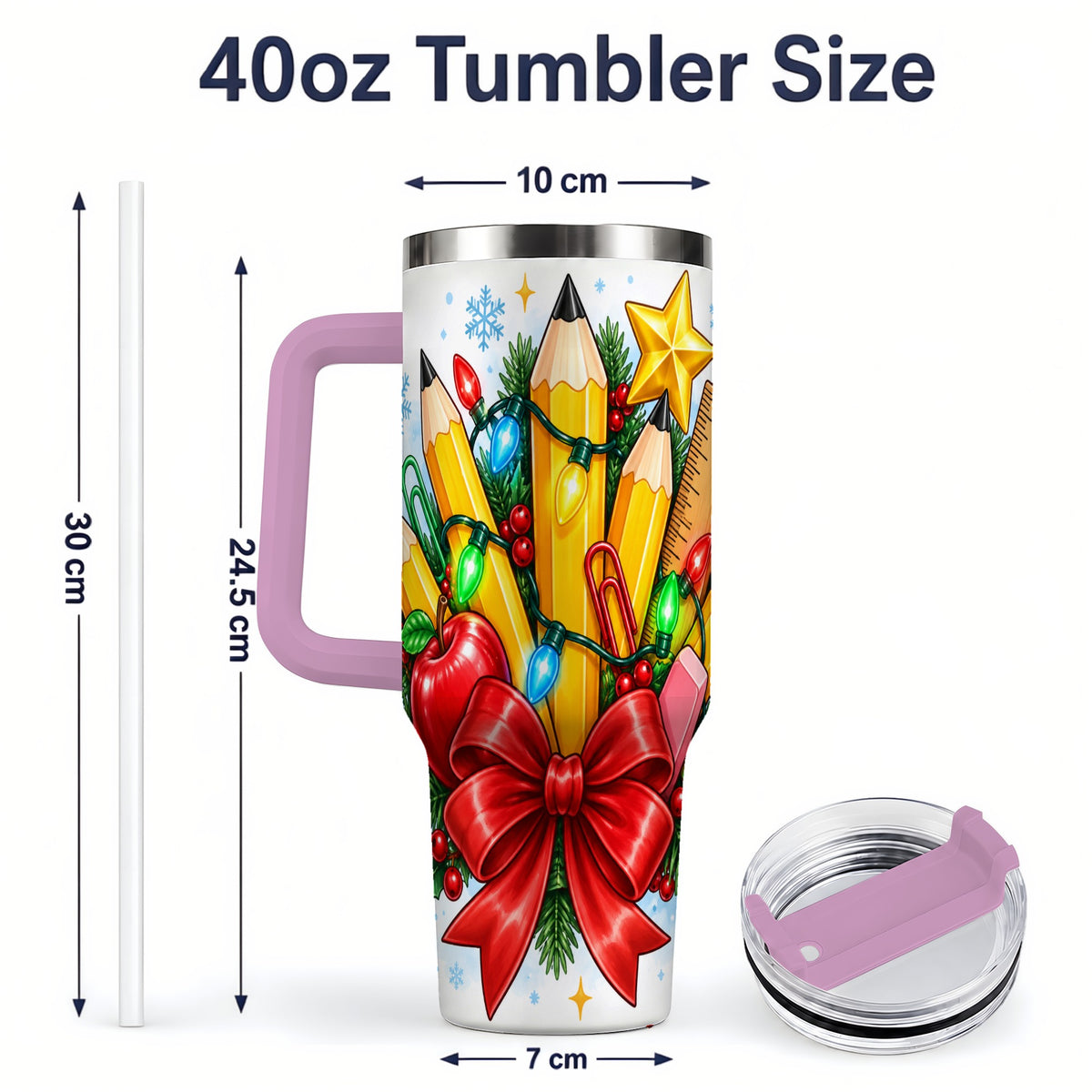 #pl[40oz|Pink] Christmas Teacher 40oz Tumbler, School Supplies Holiday Drinkware