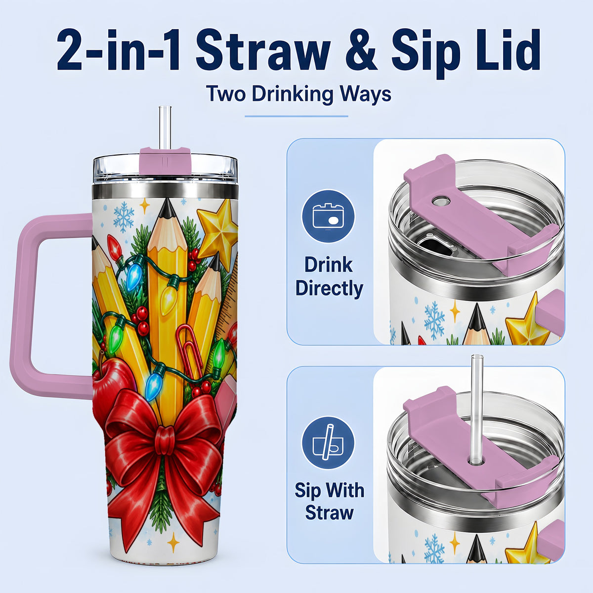 #pl[40oz|Pink] Christmas Teacher 40oz Tumbler, School Supplies Holiday Drinkware