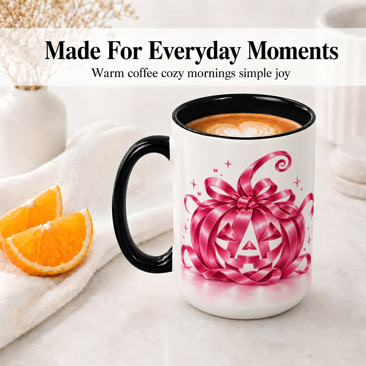#pl[15oz|Black] Pink Bow Halloween Pumpkin Ceramic Mug for Halloween Fans