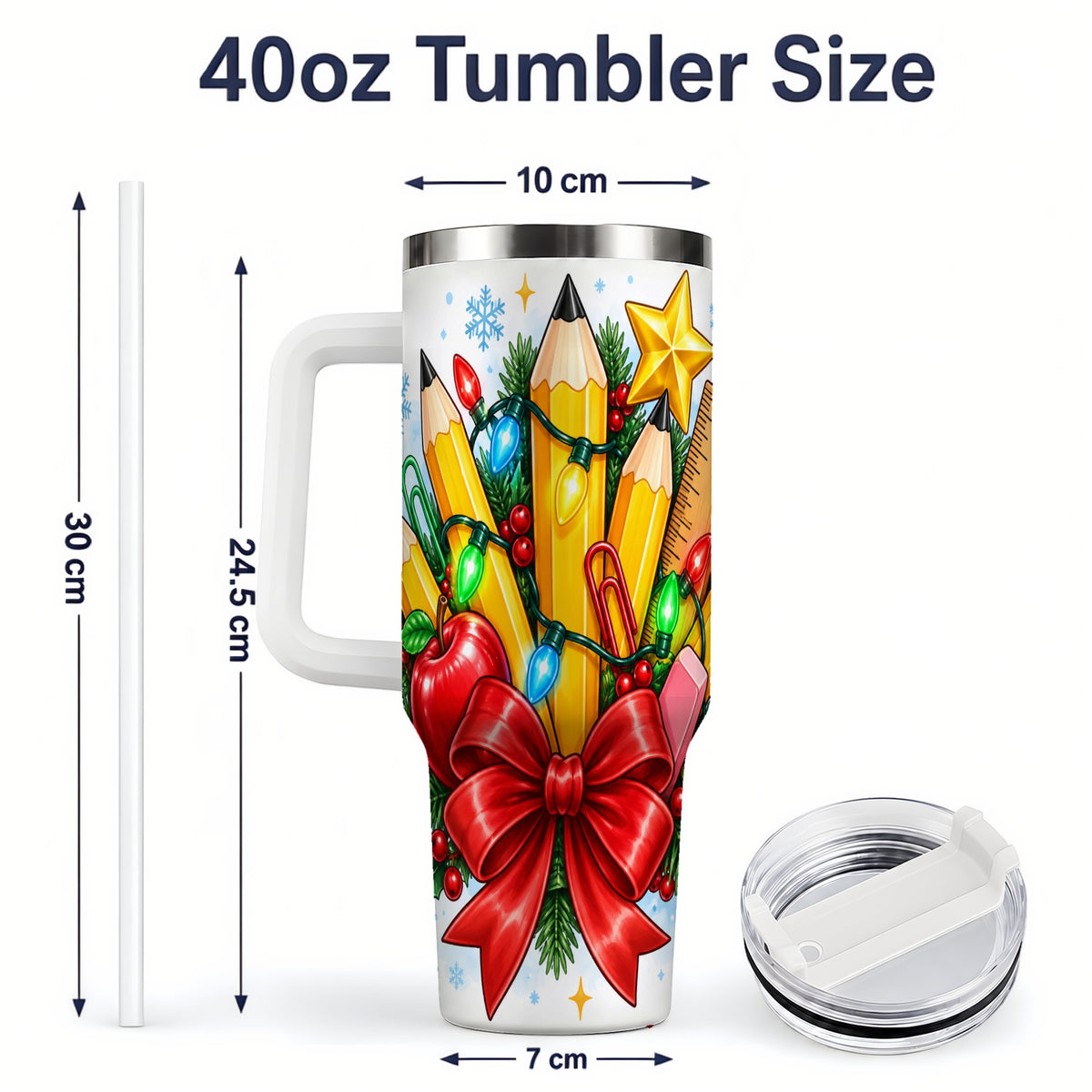 #pl[40oz|White] Christmas Teacher 40oz Tumbler, School Supplies Holiday Drinkware