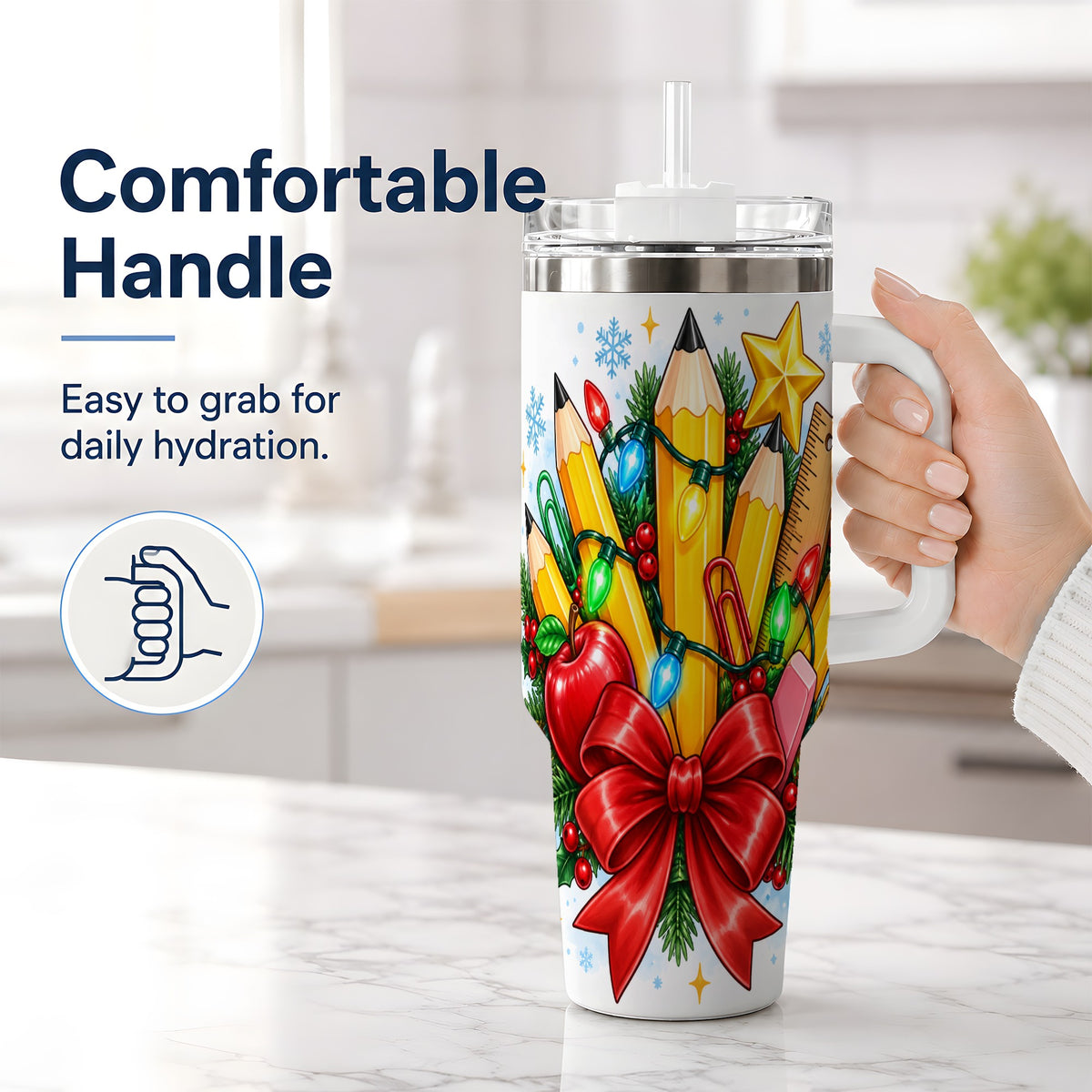 #pl[40oz|White] Christmas Teacher 40oz Tumbler, School Supplies Holiday Drinkware