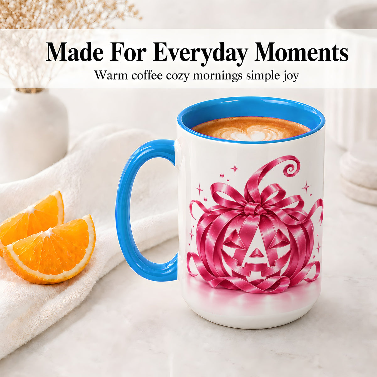 #pl[15oz|Blue] Pink Bow Halloween Pumpkin Ceramic Mug for Halloween Fans