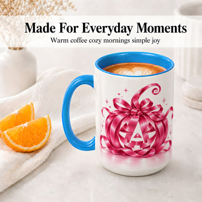#pl[15oz|Blue] Pink Bow Halloween Pumpkin Ceramic Mug for Halloween Fans