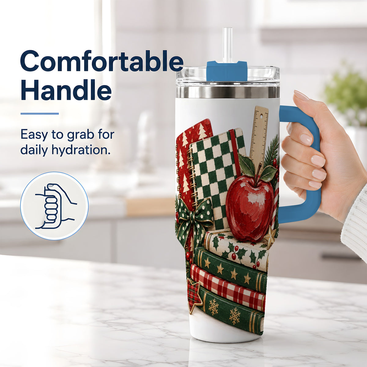 #pl[40oz|Blue] Christmas Teacher Book Lover 40oz Tumbler, Apple Notebook Drinkware