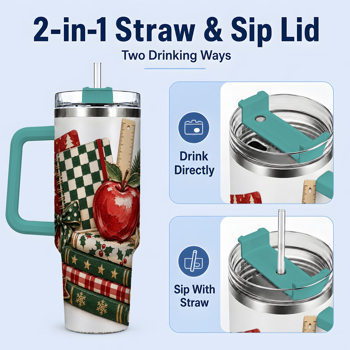 #pl[40oz|Green] Christmas Teacher Book Lover 40oz Tumbler, Apple Notebook Drinkware