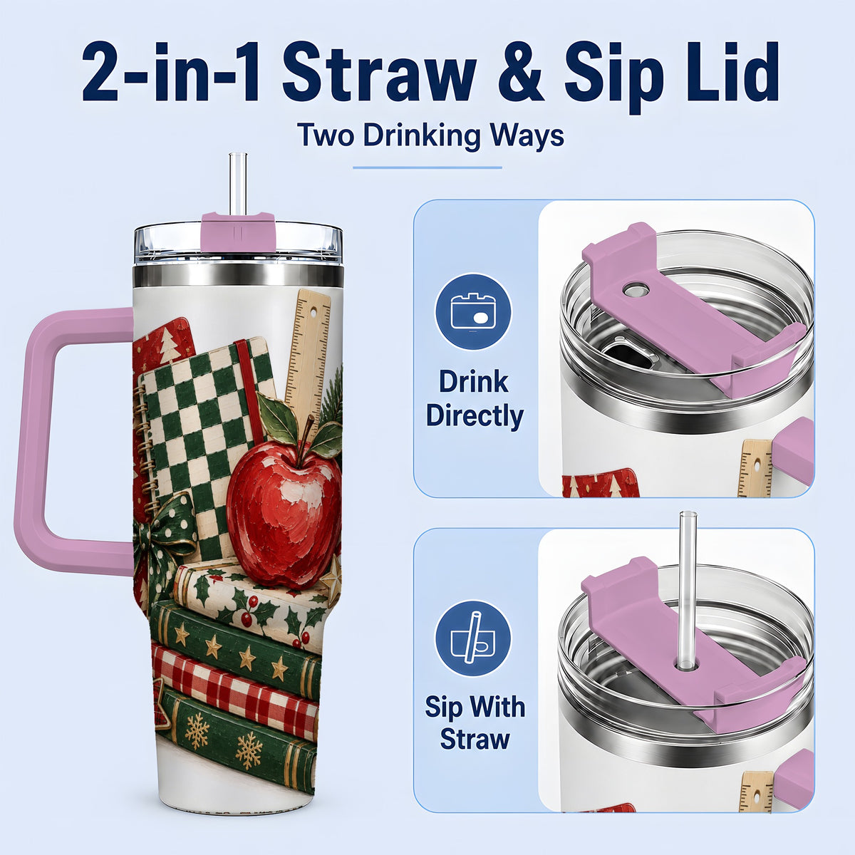 #pl[40oz|Pink] Christmas Teacher Book Lover 40oz Tumbler, Apple Notebook Drinkware