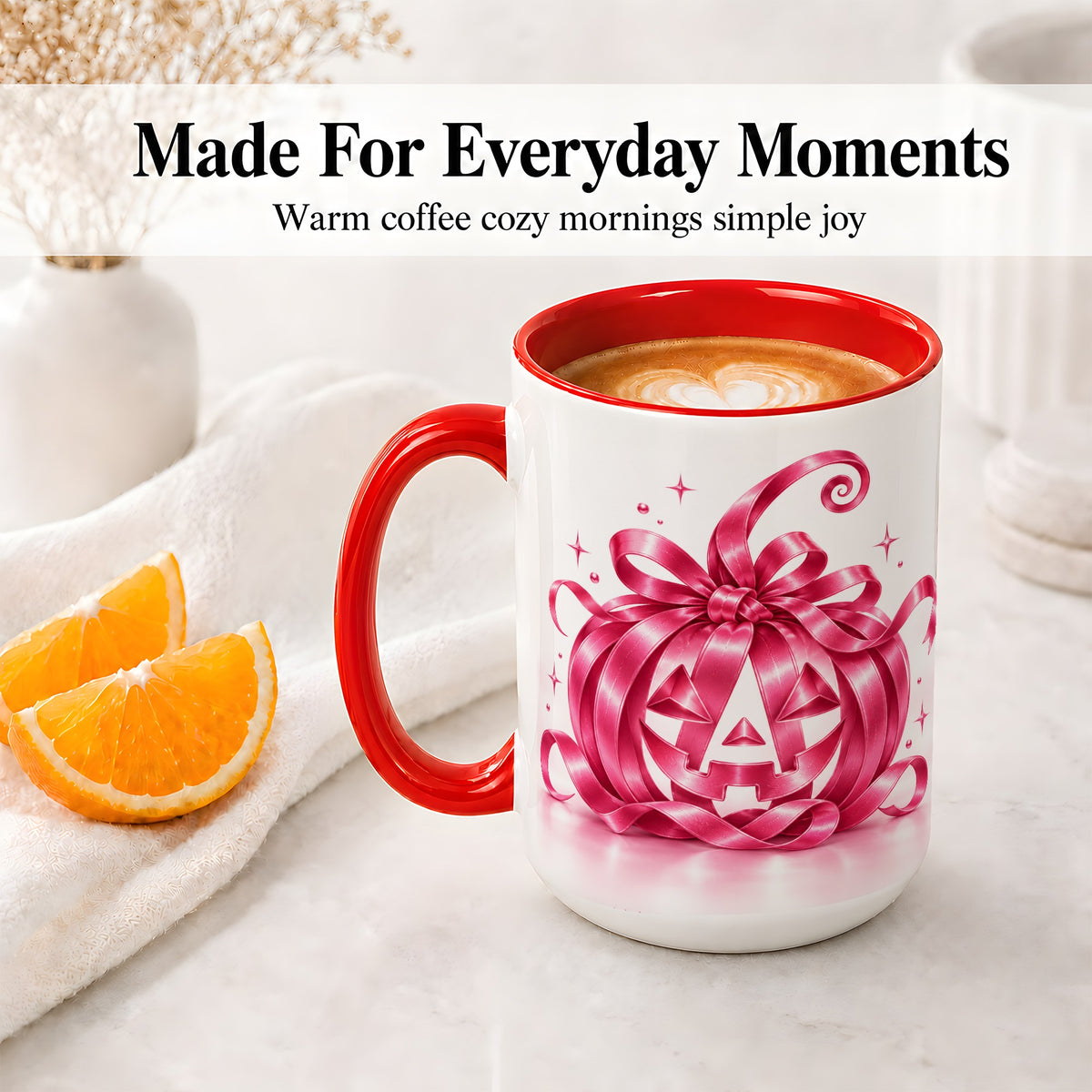 #pl[15oz|Red] Pink Bow Halloween Pumpkin Ceramic Mug for Halloween Fans