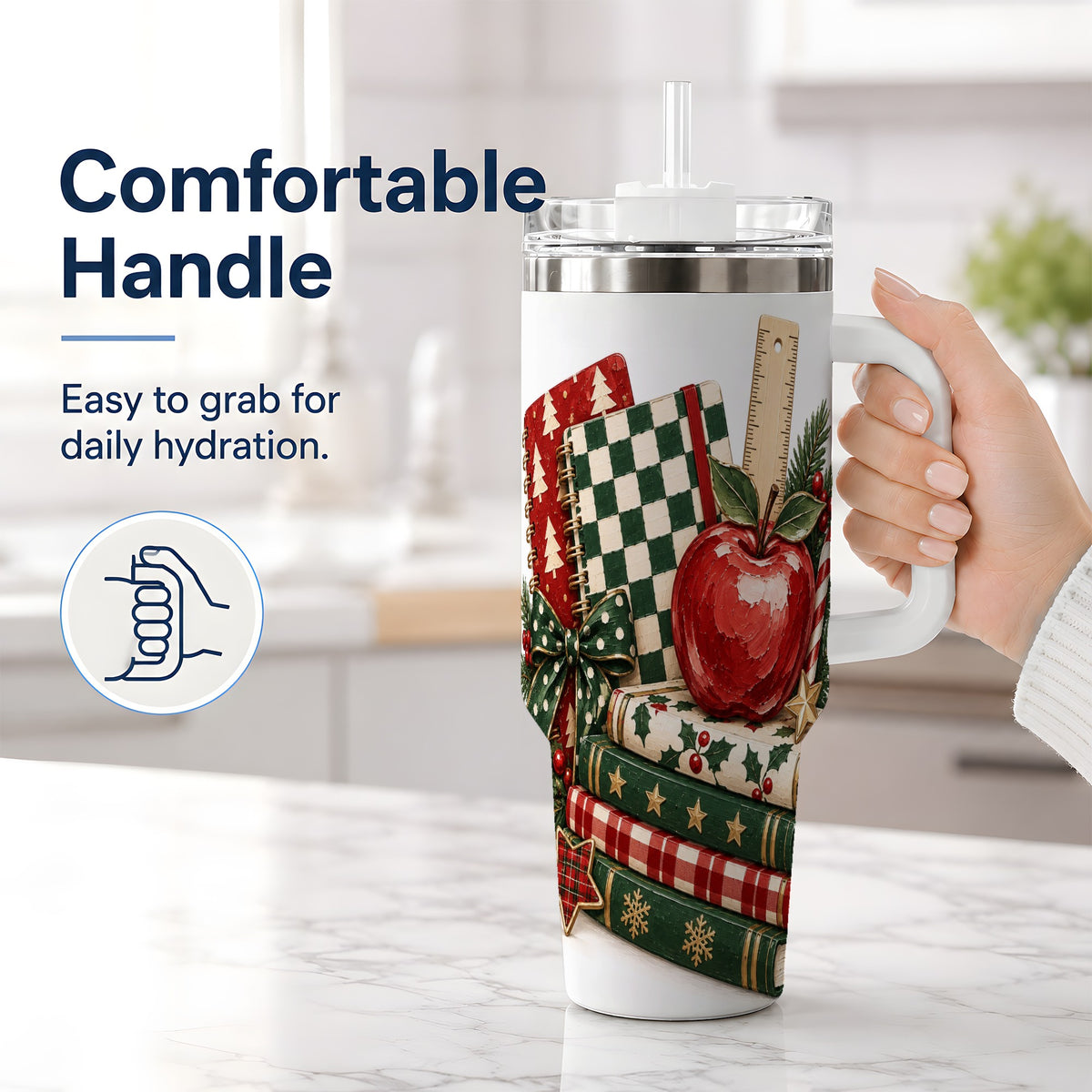 #pl[40oz|White] Christmas Teacher Book Lover 40oz Tumbler, Apple Notebook Drinkware