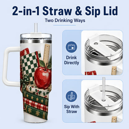 #pl[40oz|White] Christmas Teacher Book Lover 40oz Tumbler, Apple Notebook Drinkware