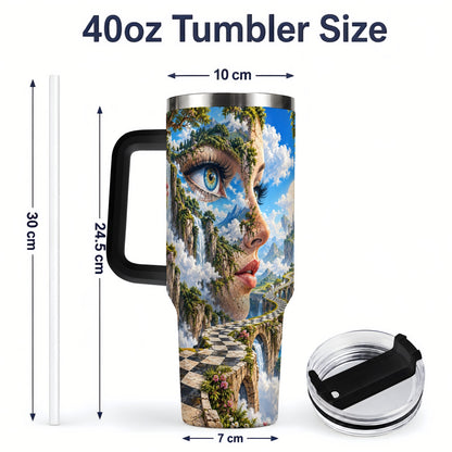 #pl[40oz|Black] Surreal Fantasy Face 40oz Tumbler, Waterfall Dreamscape Drinkware