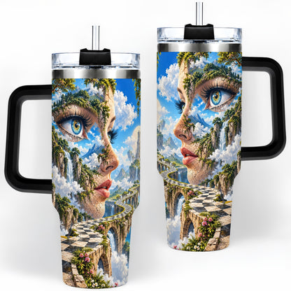 #pl[40oz|Black] Surreal Fantasy Face 40oz Tumbler, Waterfall Dreamscape Drinkware