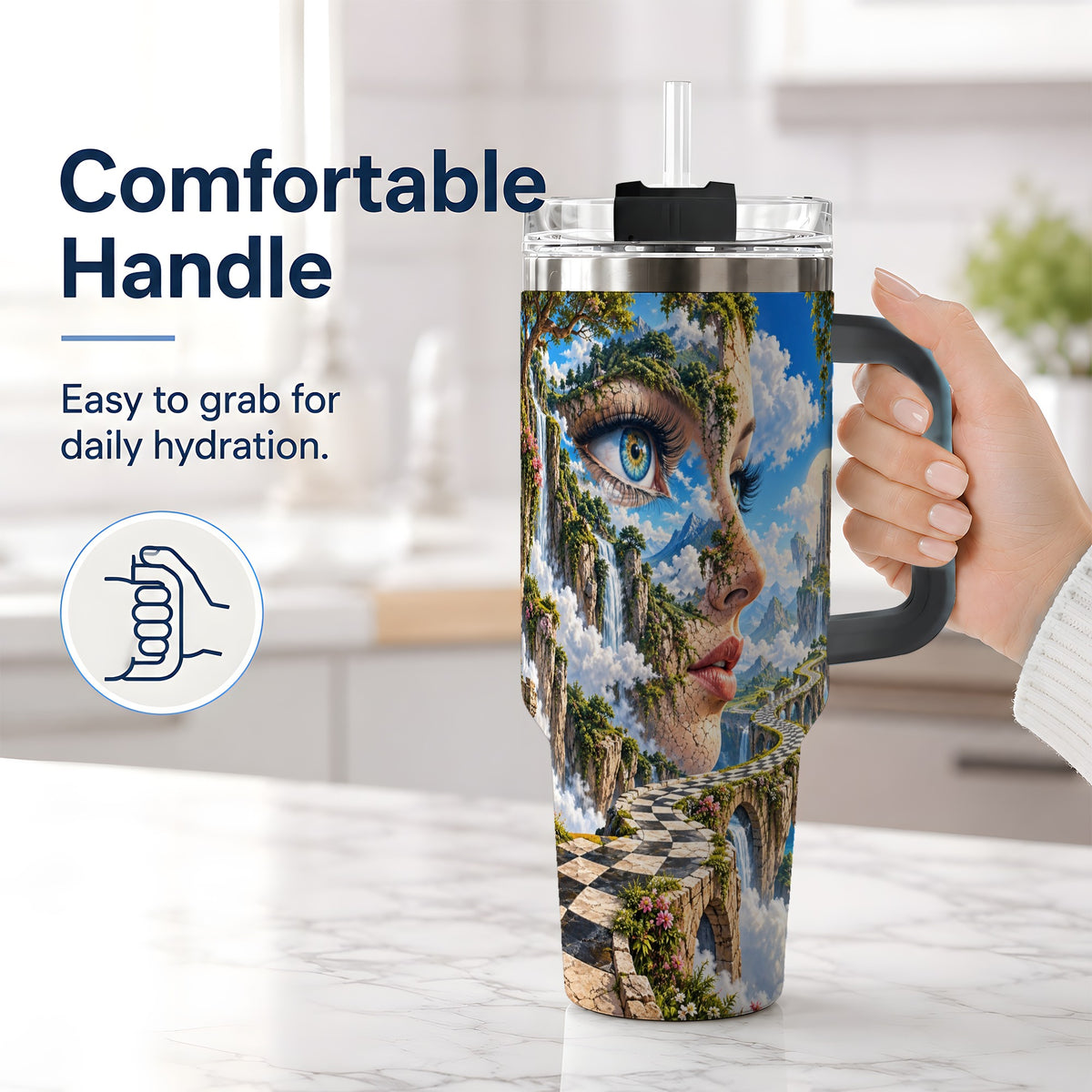 #pl[40oz|Black] Surreal Fantasy Face 40oz Tumbler, Waterfall Dreamscape Drinkware