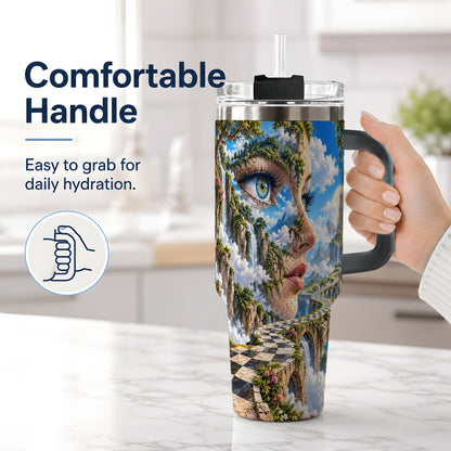 #pl[40oz|Black] Surreal Fantasy Face 40oz Tumbler, Waterfall Dreamscape Drinkware
