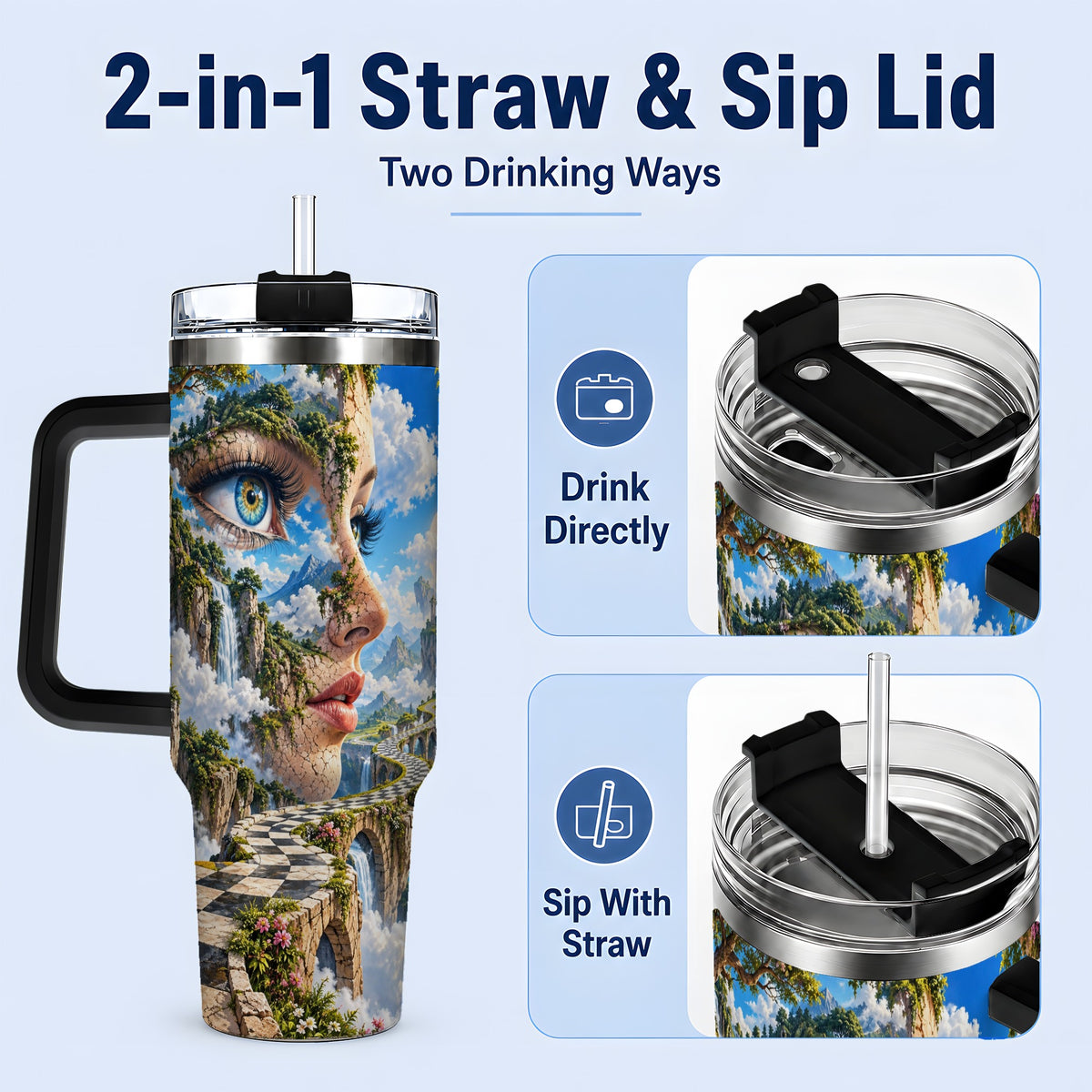 #pl[40oz|Black] Surreal Fantasy Face 40oz Tumbler, Waterfall Dreamscape Drinkware
